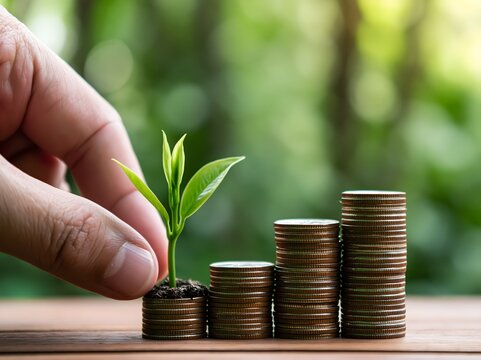 sustainable finance concept showing a hand carefully placing a young green seedling next to ascending stacks of coins, blurred green nature background, prosperity and responsible investment