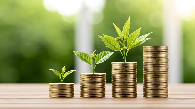 modern ESG portfolio concept with multiple stacks of gold coins gradually increasing in value, fresh green leaves growing between the stacks, bright natural daylight, clean financial business