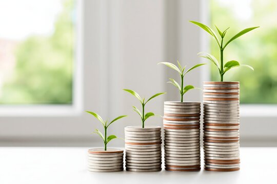 modern sustainable economy concept, financial coins arranged into a rising upward formation with green seedlings symbolizing long term growth, bright clean background, optimistic business atmosphere,