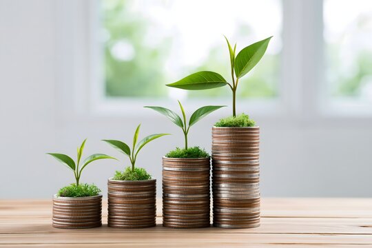 modern sustainable economy concept, financial coins arranged into a rising upward formation with green seedlings symbolizing long term growth, bright clean background, optimistic business atmosphere,