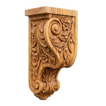 Ornate wooden corbel featuring intricate floral and leaf carvings, isolated on a white background, for architectural and, furniture decoration