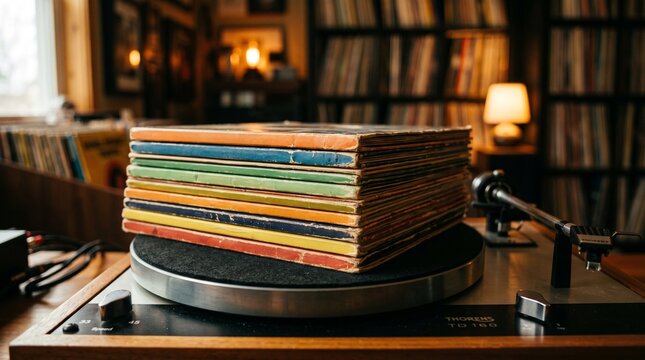 Stack of colorful vinyl records on a turntable in a cozy room  