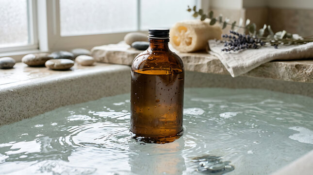 Amber glass bottle of essential oil floating in bathtub water with spa accessories