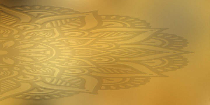 Golden mandala background with intricate traditional indian decorative floral pattern on side.