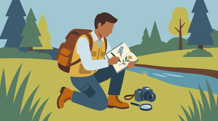 Fototapeta premium Scientist Documenting Observations in Field Journal