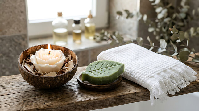 Aromatic candle and organic soap for a relaxing spa bath experience