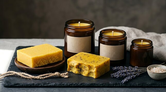 Aromatic candles and handmade soaps arranged with lavender and sea salt
