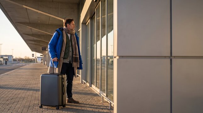 Bundled traveler pauses outside a bright airport terminal