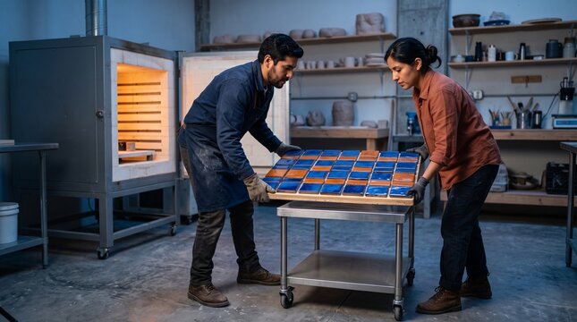 Latin American ceramicists unload glazed tiles from a kiln