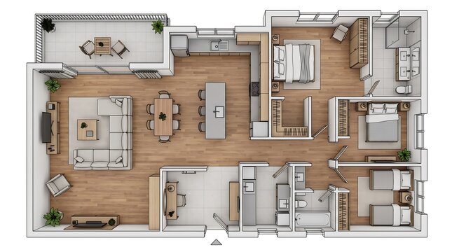 A detailed top down architectural floor plan showing a modern residential home layout with multiple bedrooms and living spaces