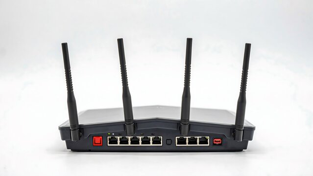 Wireless router with four antennas and ethernet ports isolated on white background