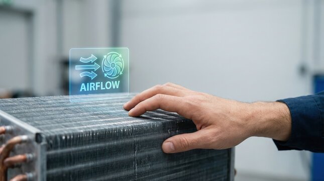 Hand checking air conditioning coil with airflow icon illustrating technical maintenance and safety optimization workflow in HVAC system