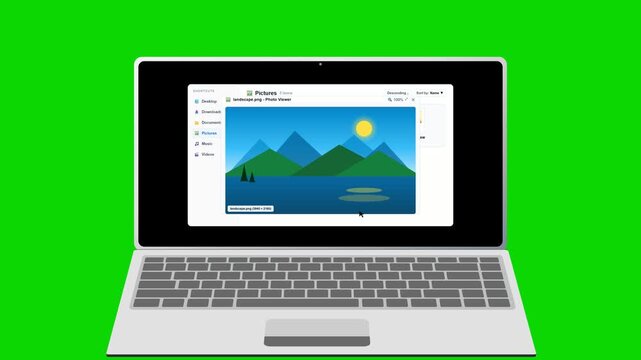 Laptop computer showing landscape photo on chroma key background. 4K Video