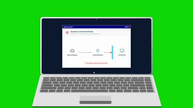 Digital firewall protecting network connection on laptop screen. 4K Video