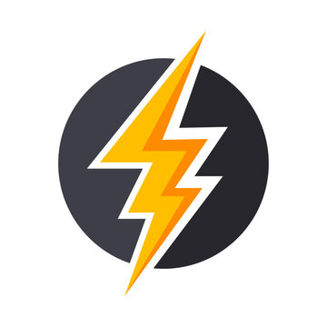 Dynamic yellow and orange lightning bolt icon symbolizing energy, power, and speed inside a dark circular shape.