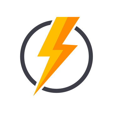 Dynamic electric power lightning bolt symbol within a modern dark grey circle icon on white