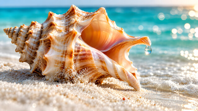 Large spiky sea shell resting on white sand beach near blue ocean waves