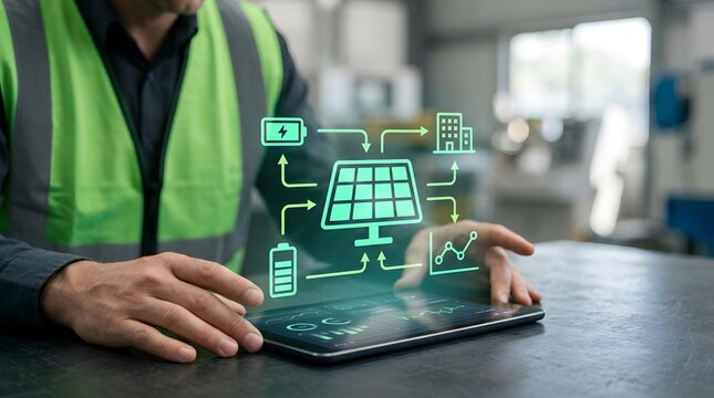 Technician monitoring solar energy system on tablet with battery, building and analytics connections for renewable power management and smart grid optimization