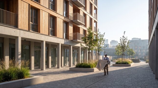 Completed timber housing block in a contemporary urban courtyard