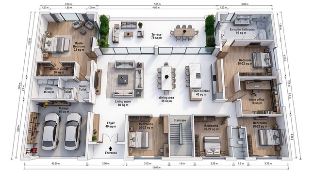 A detailed architectural floor plan showing the layout of a modern residential home with multiple rooms and outdoor garden space
