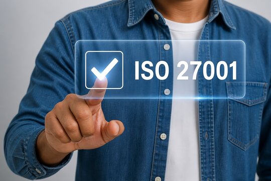 Businessman pressing virtual iso 27001 certification button on digital interface