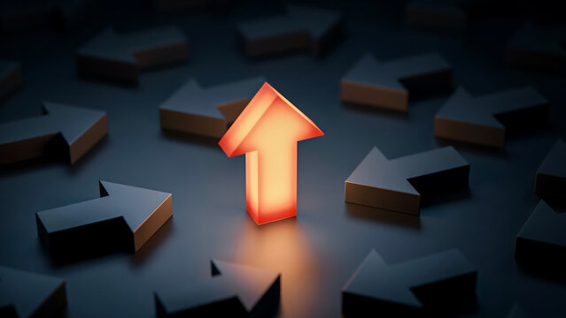 Single glowing red upward arrow standing out among dark arrows concept of leadership with leadership competition distinction direction business achievement differentiation strategy marketing