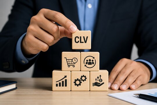 Businessman stacking wooden blocks with clv icon on a desk in office