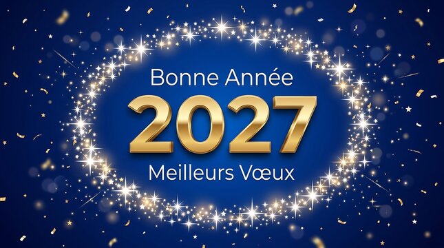 Bonne anne 2027, meilleurs vux, gold 2027 text on blue background