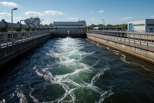 Industrial wastewater treatment plant processes dirty water in large concrete tanks. Large pipes, facility buildings stand under blue sky. Aeration system creates bubbles to purify liquid for eco