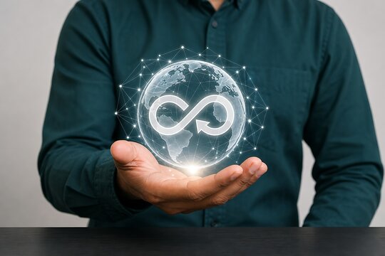 Businessman holding glowing infinity symbol hologram representing endless possibilities