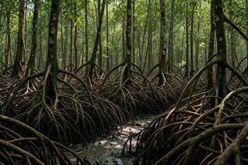 Obraz premium Dense mangrove forest with a complex network of exposed roots. Rich green canopy overhead with dappled sunlight filtering through. Muddy ground with shallow water visible.
