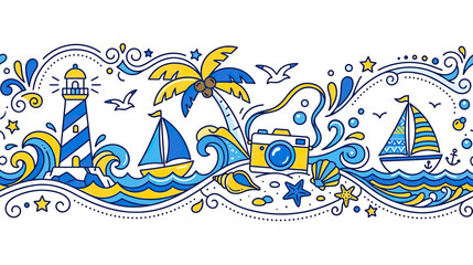 Naklejka premium Summer Beach Seaside Doodle Border with Lighthouse and Sailboats