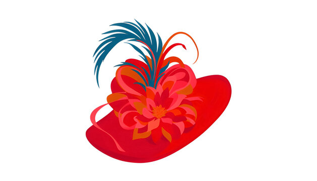Elegant Red Fascinator Hat Adorned With Large Flower And Uplifted Blue Orange Feathers.