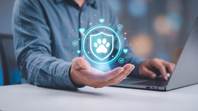 Person holding digital pet insurance shield icon above laptop representing comprehensive veterinary care protection