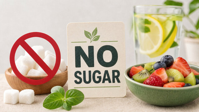 No sugar sign with prohibited sugar cubes and healthy fresh fruit bowl for healthy diet concepts