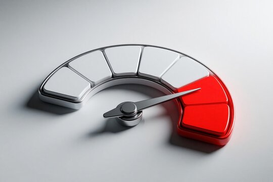 Red warning indicator on a semi-circular meter suggests high cholesterol or risk. Gauge shows danger zone, needs medical attention, lifestyle change. Health check concept.