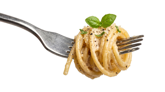 Spaghetti pasta swirl with grated cheese and fresh basil on metal fork for italian cuisine food menu.