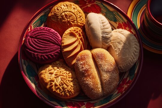 Assorted traditional Mexican sweet bread and cookies on decorative painted plate. Pan dulce collection for celebration. Authentic bakery pastry for breakfast or merienda snack time.