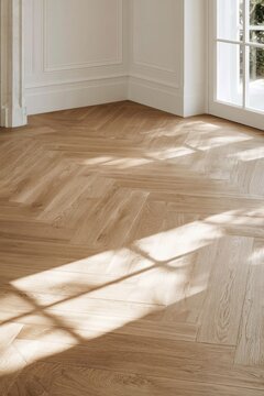 Warm sunlight falls across a honey toned oak herringbone parquet floor beside tall French windows and cream paneled walls, highlighting natural wood grain, geometric pattern and a bright empty corner