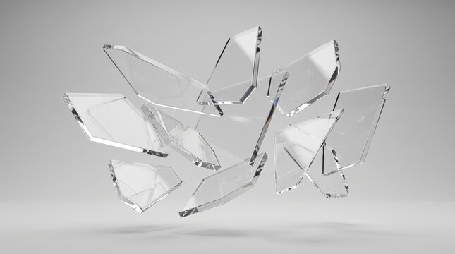 A collection of shattered glass pieces on a gray background