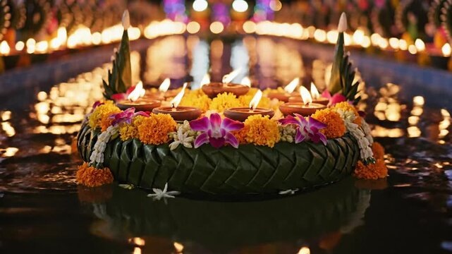 Floating krathong basket with lit candles on water at night