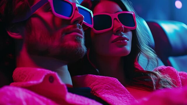 Neon pink sunglasses glow softly. Close-up of couple in cozy, glowing pink attire. They sit side by side in dim, colorful light. Warm tones highlight their relaxed, intimate pose
