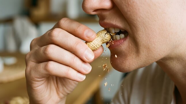 Crunchy snack time eating unshelled salty peanut