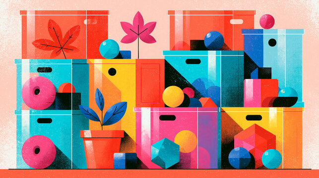 Playful editorial illustration sorting authentic and synthetic content into colorful containers