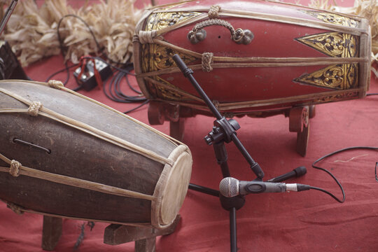 Traditional Indonesian Percussion Instruments Kendang Drums with Microphone Setup