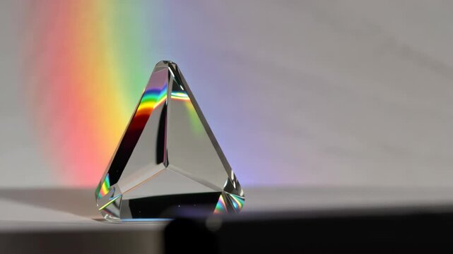 Glass Prism Refracting White Light into a Colorful Rainbow Spectrum on a White Surface.