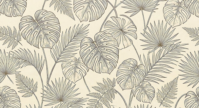 Monstera and tropical leaf pattern in a botanical handdrawn line art style featuring palm and fern foliage on a neutral background
