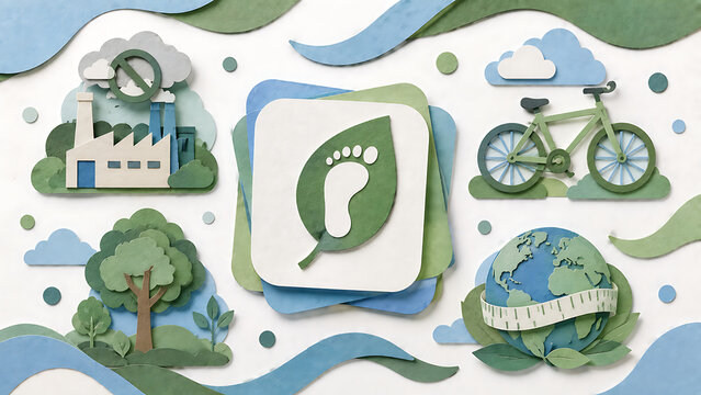 paper cut craft style carbon footprint reduction concept with leaf footprint icon factory pollution ban green bicycle tree and earth globe on white background