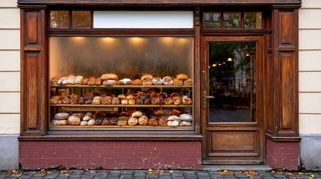 Authentic european bakery window with handmade pastries on a foggy autumn morning