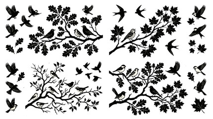 Fototapeta premium Vintage Botanical Songbird and Tree Branch Silhouette Set Featuring Detailed Stencil of Oak Acorns Maple Leaves and Perching Birds Vector Layout